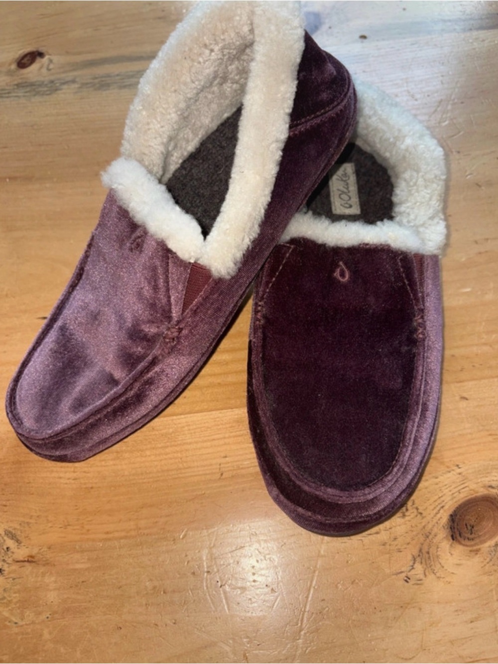 OluKai Women's Plush Velvet Slippers in Deep Plum with Cream Lining